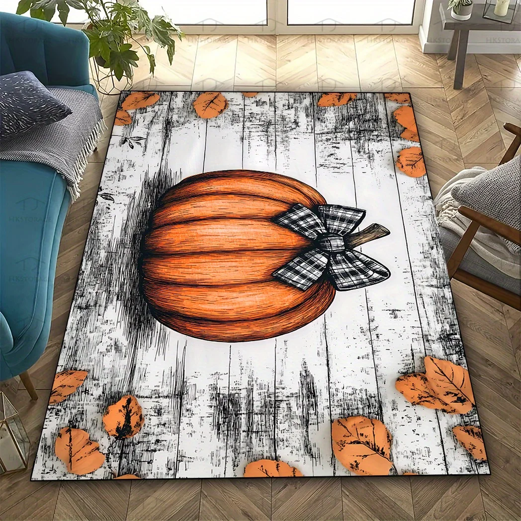 

1pc Thanksgiving Pumpkin Bow Rug - Non-slip Crystal Velvet Fabric for Living Room, Dining Room, Bedroom, Kitchen and Patio