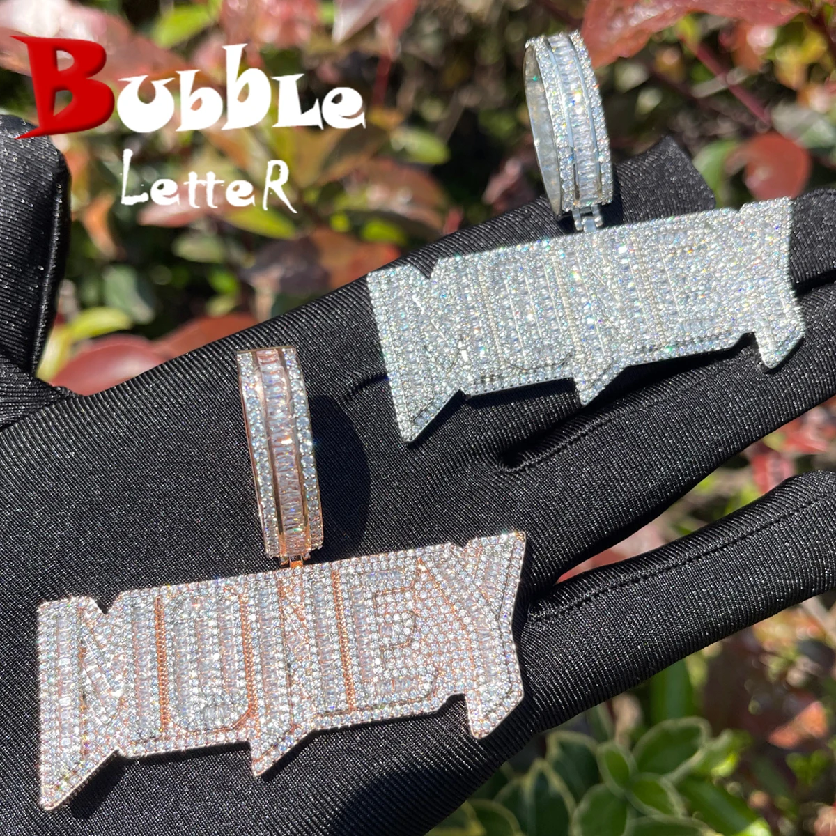 

Bubble Letter Money Necklace for Men Iced Out Pendant Real Gold Plated Cubic Zirconia Hip Hop Jewelry