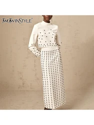 TWOTWINSTYLE Slimming Two Piece Set For Women Round Neck Long Sleeve Top High Waist Skirt Spliced Pearls Elegant Sets Female New