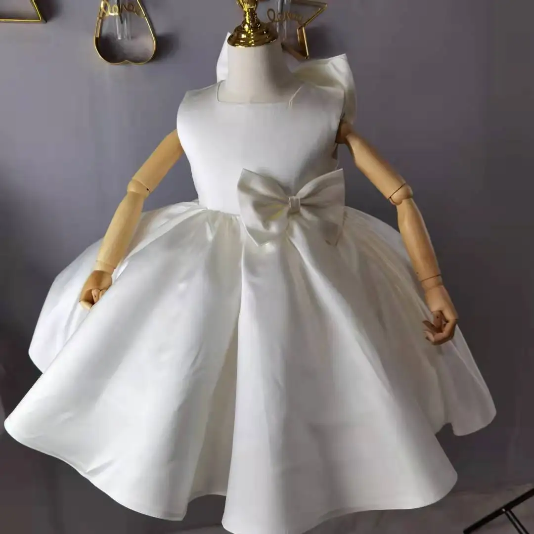 Vestido de saia de pérola de cetim para crianças, festa de aniversário, roupas noturnas com laço grande, vestido elegante para festas de festival, baile de casamento