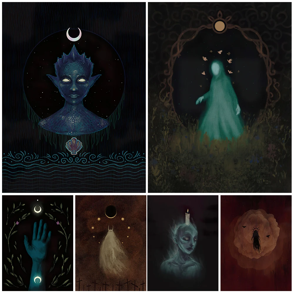 The Ghost Of Sorrow And Flying Witch Vintage Wall Art Canvas Painting Nightmare And Moon Mermaid Poster Print Decor Unframed
