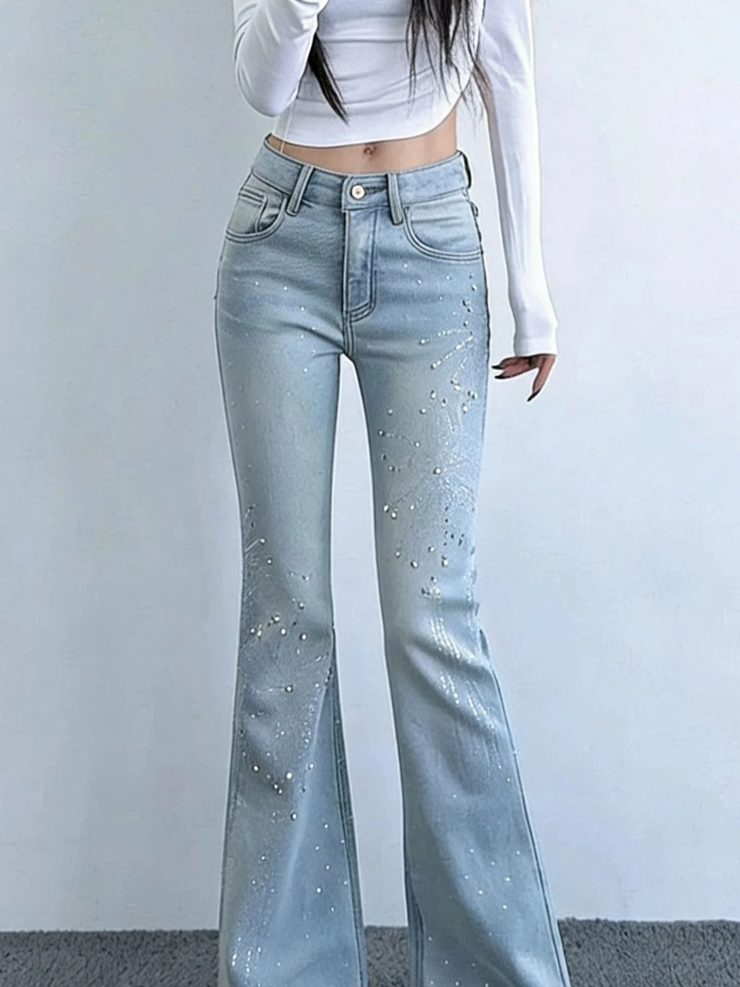 Retro High Waist Bell Bottom Denim Jeans Women's Fashion Sparkle Rhinestone Slimming Long Pants American Style Summer Pure Color