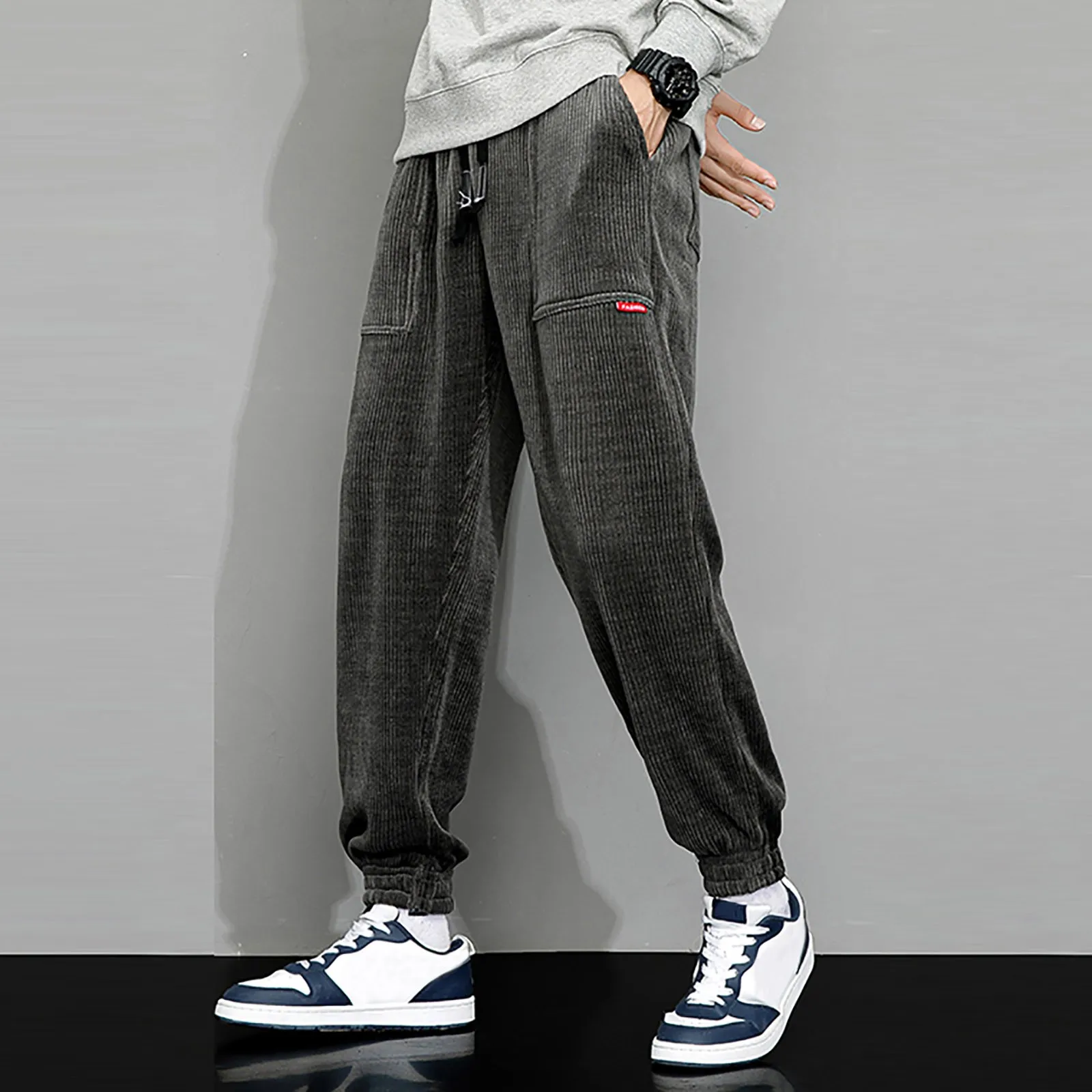 メンズヘビーコーデュロイパンツ、シンプル、モノクロ、厚手、秋、冬