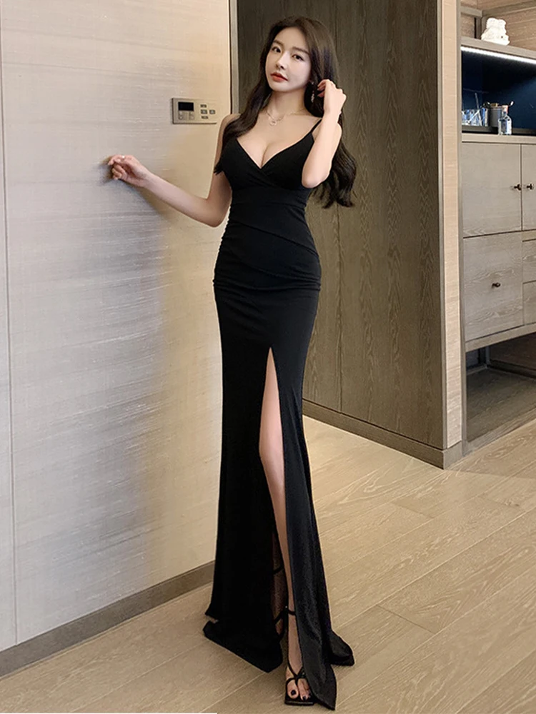 

Sexy Bla Long Dr Night Club Princ Miss Sauna Foot Massage Entertainment Clubhouse Dr Work orm Polyester Fiber