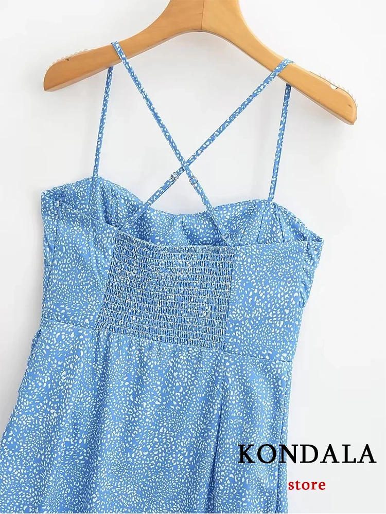 KONDALA Vintage Sexy Print Dot Sheath Split Cami Long Women Dress Fashion 2023 Summer Asymmetrical  Backless Party Strap Vestido