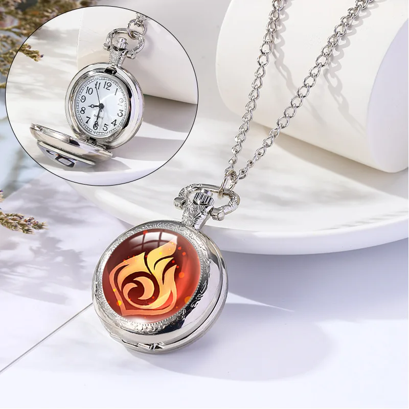 Genshin Impact Flip Cover Pocket Watch Retro Personality Student Cabochon Pendants Necklace Watch Men Women Fashion Pocket Watch