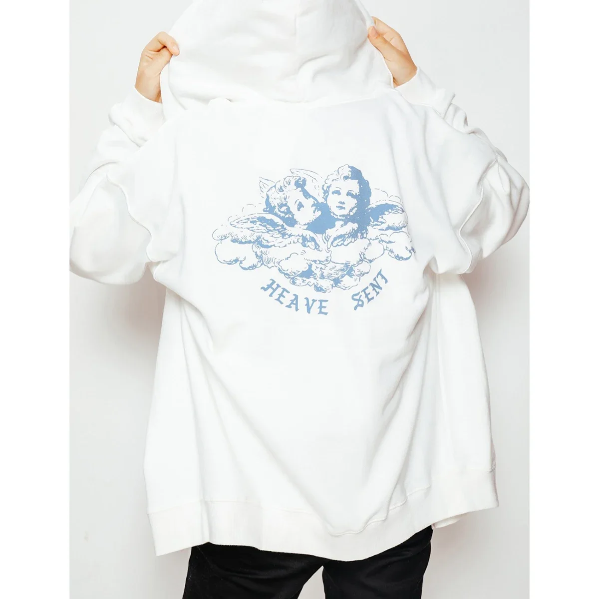 Vintage White Angel Print Hoodie Women 2024 Autumn White Cotton Long Sleeve Zipper Tops Female Casual Chic Streetwear Hoodies