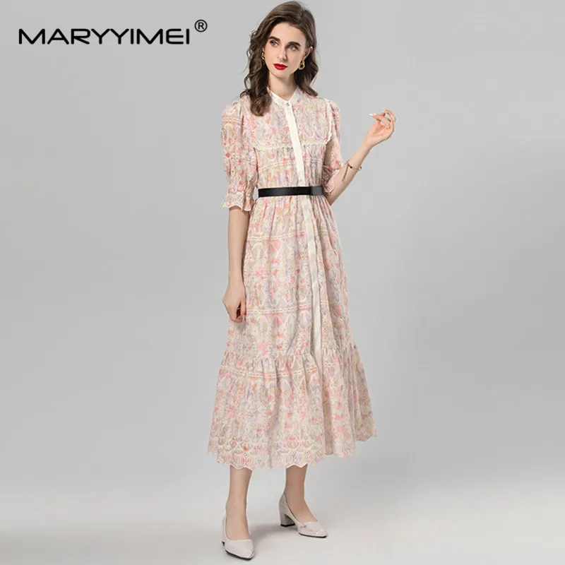 

MARYYIMEI Summer Women's Dress Flare Sleeved Single-Breasted Lace UP Embroidery Elegant Streetwear Mixi Dresses