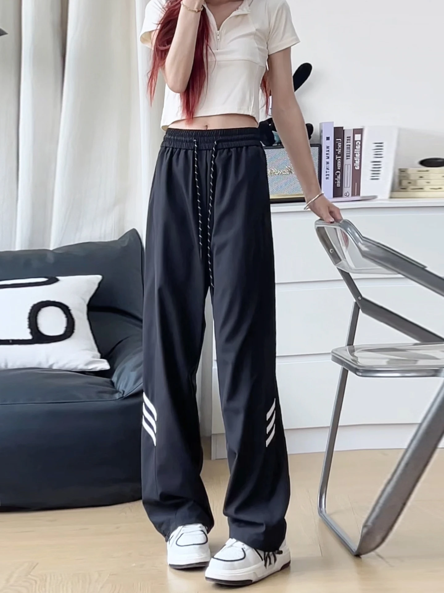 

Американские спортивные брюки Bla с контрастными вставками, быстросохнущие, женские, летние, тонкие, с эластичным поясом, повседневные, широкие штанины