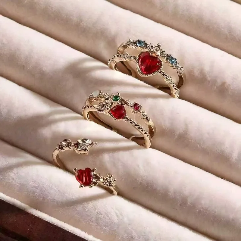 Vintage VictorianHeart Ruby Crown Ring Set Gold Filigree Lace Stackable Rings Retro Gothic Luxury Wedding Jewelry for Women Gift