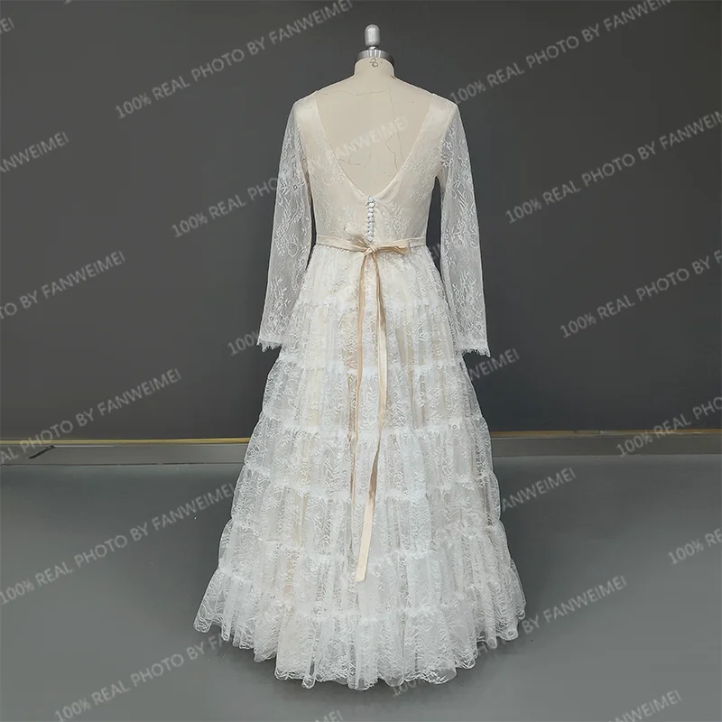 Vestido de novia de encaje con escote en V profundo, traje de novia con mangas de ilusión y lazo, sin espalda, personalizado, 11486