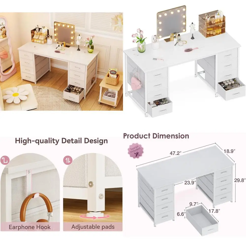 

48 Inch Modern Vanity Desk with 8 Drawers, Perfect for Makeup, Bedroom, Dressing Room, and Home Office in White