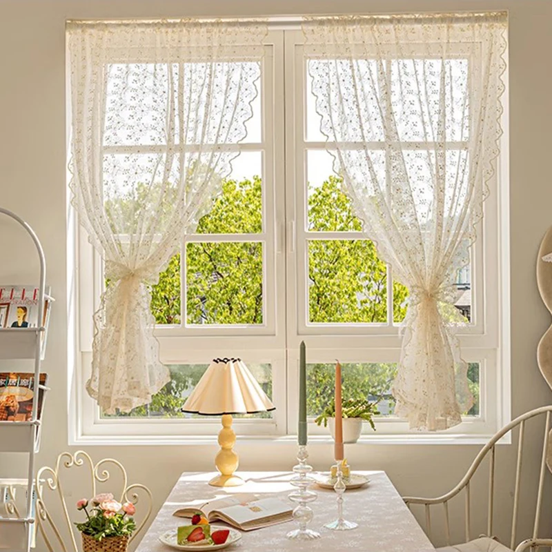 

French Country Style Embroidered Flower Small Window Curtains, Elegant Charming Vintage Lace Curtains for Living Room, Kitchen
