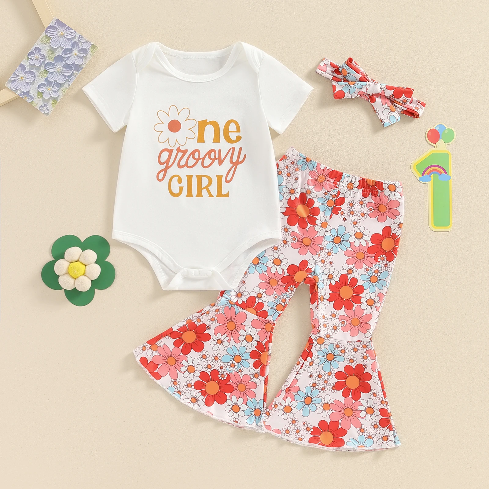 

2024-03-14 Lioraitiin Baby Girl Birthday Set Letter Print Short Sleeve Romper with Floral Flare Pants and Headband 3Pcs Outfit