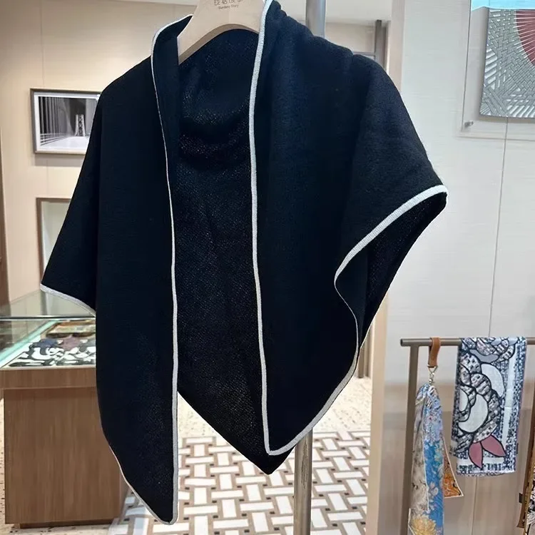 Elegant French black and white cashmere shawl, women's summer neck protection scarf, high-end triangular wool scarf