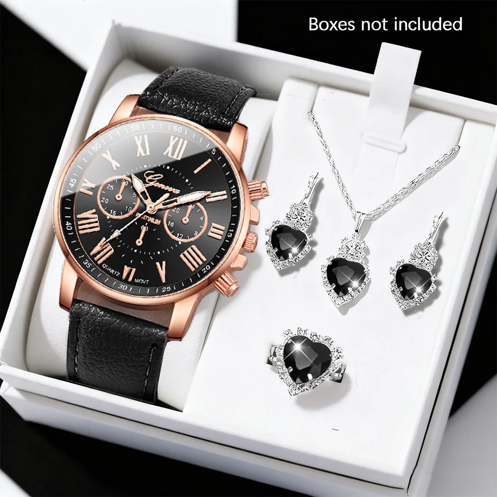 Fashion women's quartz watch and jewelry set, PU leather strap, alloy case watch