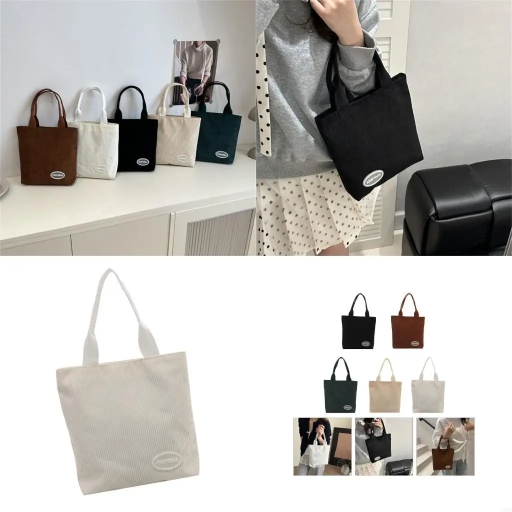 

Practical Corduroy Handbag With Zippers Closure Handheld Bag Travel Lunch Bags