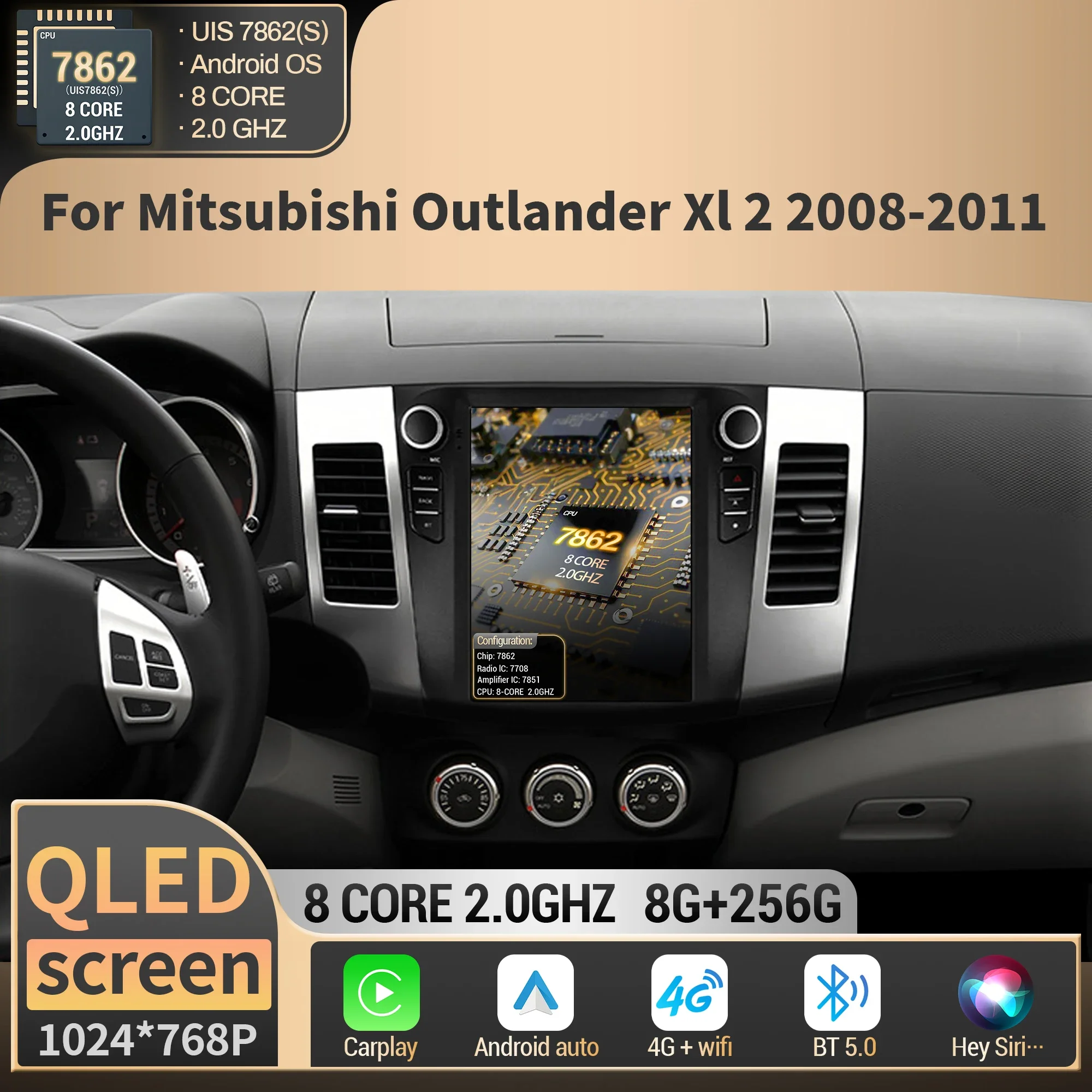 9.7 Inch For Mitsubishi Outlander Xl 2 2008 2009 2010 2011 Car Radio Navigation Car Multimedia Wireless BT Carplay QLED Screen