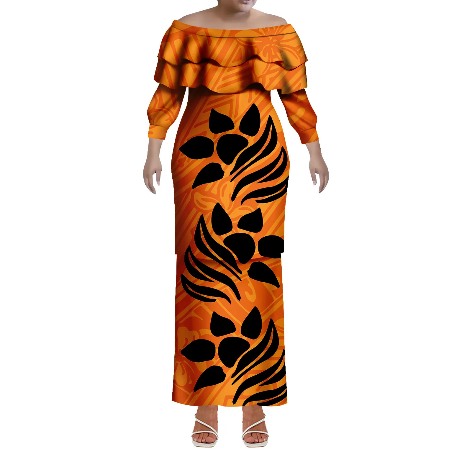 Elegant Lady Off-The-Shoulder Short-Sleeved Long Dress Polynesian Samoan Island Design Art Print Puletasi Dress Two-Piece Set