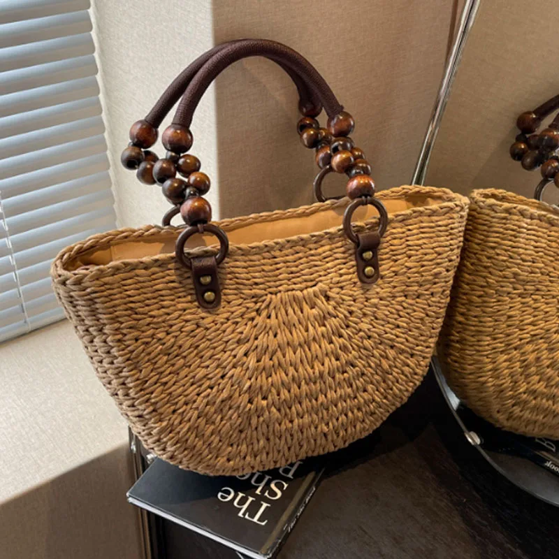 2024 New Handmade Grass Woven Women Bag with Wooden Bead Handle Half Round Beach Style Tote Bag Women Handbag