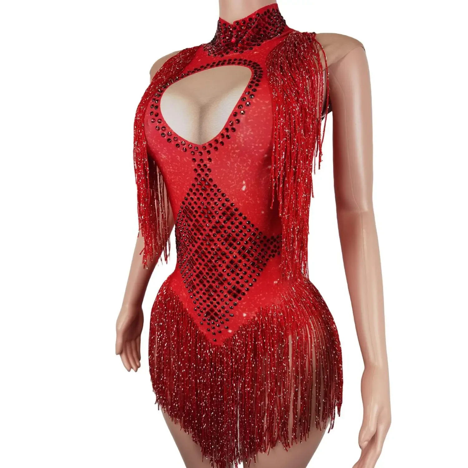 Sexy Kwast Sprankelende Kralen Pailletten Festival Kostuum Eendelig Vrouwen Feest Prom Nachtclub Outfit Bodysuit Podium Jumpsuit