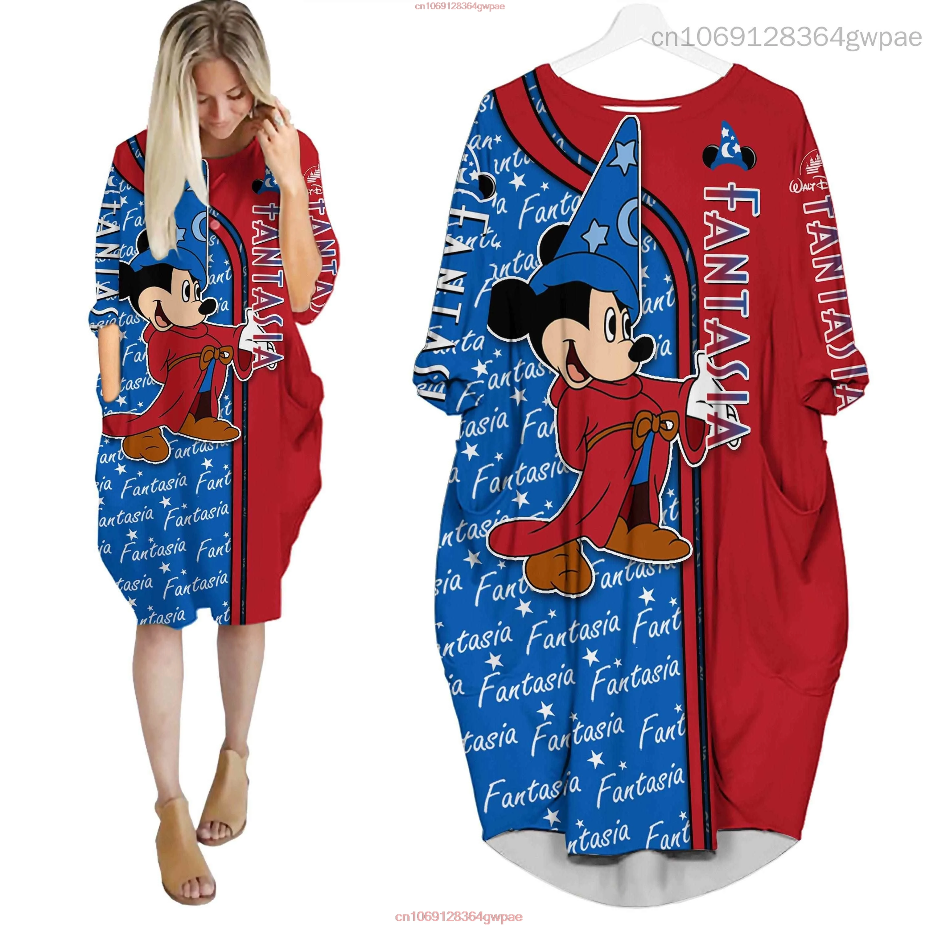 Mickey Minnie Mouse Home Long Sleeve Dress Disney Fashion Versatile Loose Batwing Pocket Over the Knee Womens Party Dress