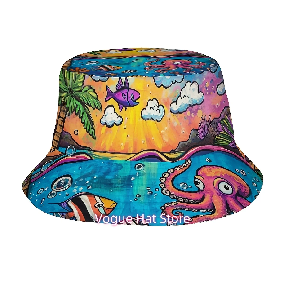 1pc Funky Underwater World Bucket Hat with Vibrant Octopus, Coconut Tree & Marine Life Design – Unisex Stylish Sun Hat for Beach