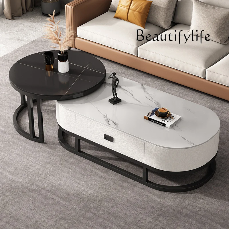 Rock slab coffee table light luxury modern small apartment simple living room home round designer high sense