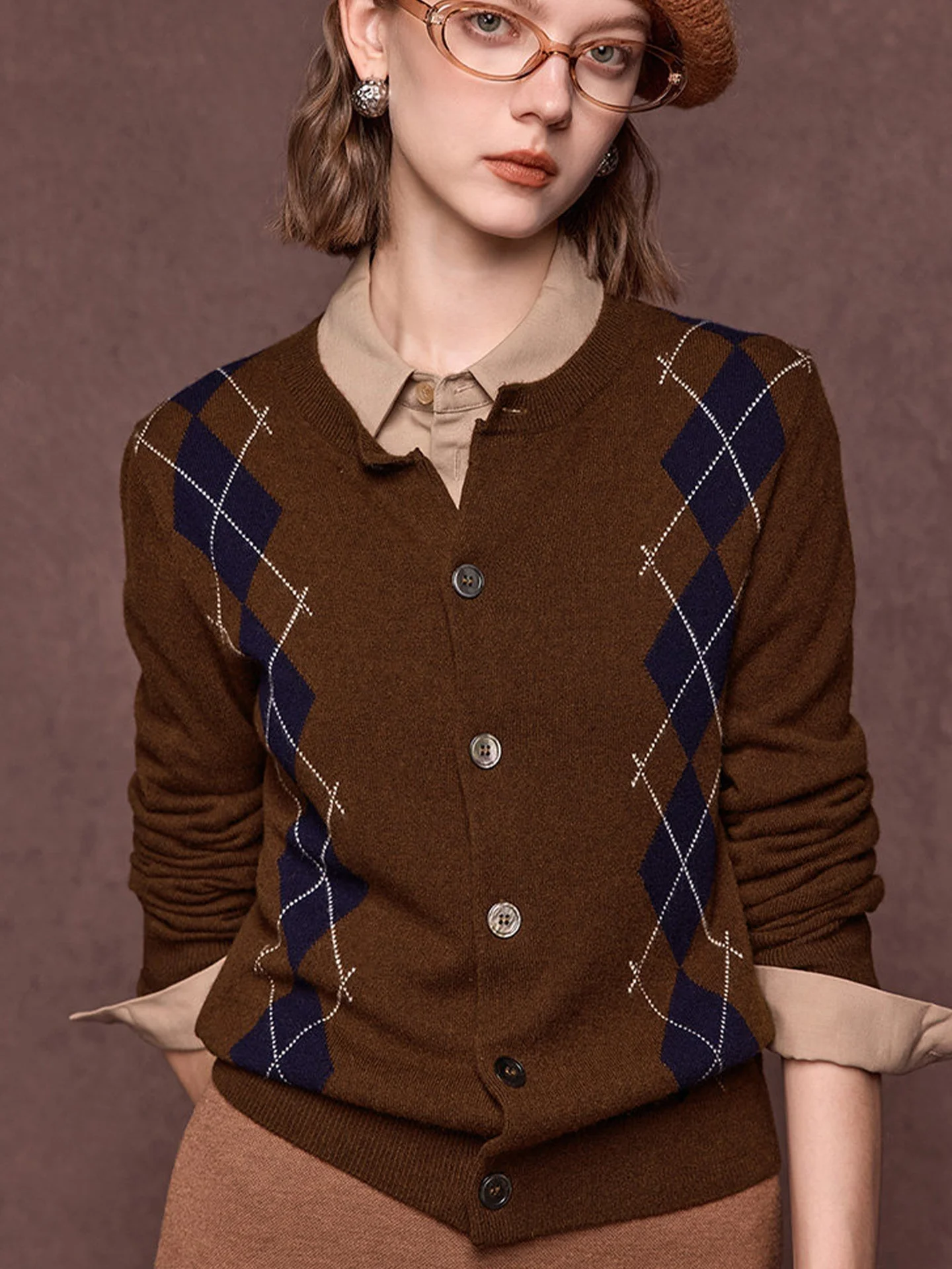 

Retro round Neck Knitted Sweater Long Sleeve Commute Style Color Block Diamond Pattern Open Cardigan Simple Elegant Women's Top
