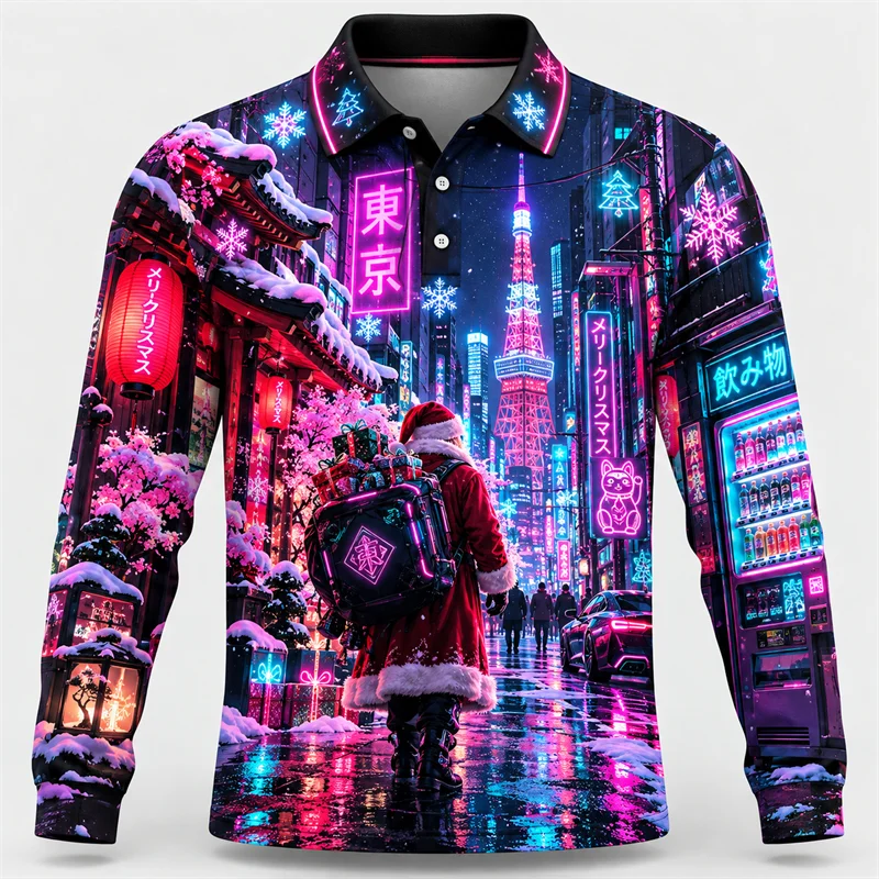 Japanese Samurai Men's Long Sleeve Polo Shirt Floral Crest and Warrior Graphic All Over Print Vintage Streetwear Collared Top