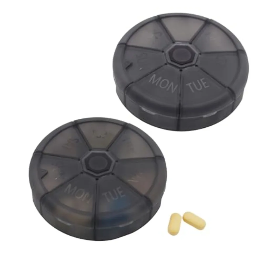 

Portable Weekly Pill Organizer Pack of 2 7 Day Container, Round Travel Friendly, Daily Week Pill Rder, tamin, plement, Fis, Med