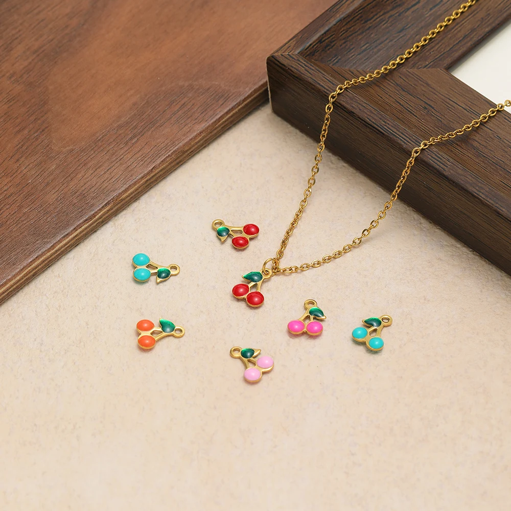 20pcs Enamel Cherry Charms Stainless Steel 10x7.5mm Necklace Pendants for DIY Jewelry Making Earrings Bracelets Findings Bulk image 3