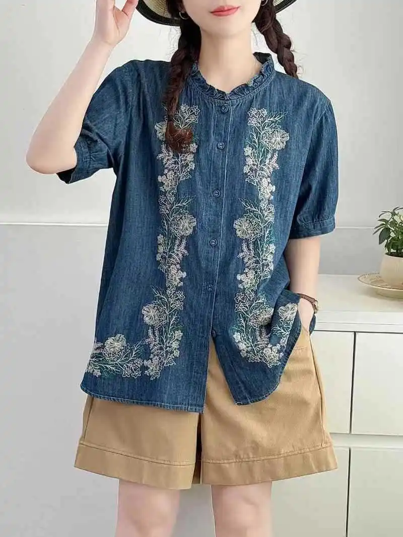 Summer New Japanese Vintage Ethnic Style Embroidery Denim Shirts Women Stand Collar Short Sleeve Casual Loose Blouse Tops
