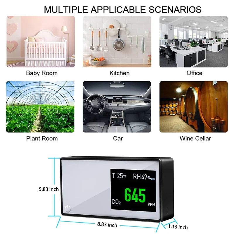 B50B-Rilevatore di qualità dell'aria nero Rilevatore di anidride carbonica multifunzionale 3 in 1, monitor CO2 per ufficio camper interno