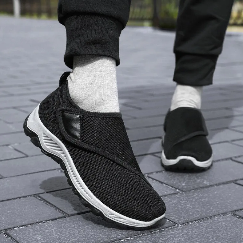 Men Comfort Mesh Walking Sneakers Velcro Slip On Breathable Non Slip Lightweight Thick Sole Outdoor Elderly Casual Sports Shoes