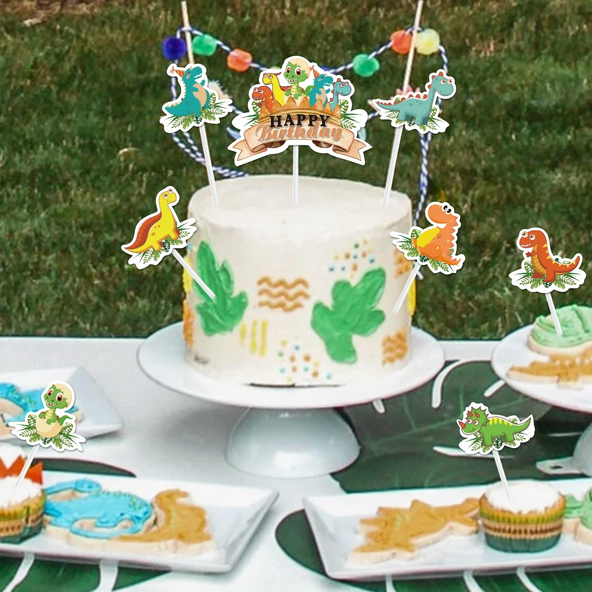 Cartoon Dinosaur Cake Toppers Jungle Safari Dino Birthday Cake Decoration Kids Boys Happy Dinosaur Birthday Party Decoration