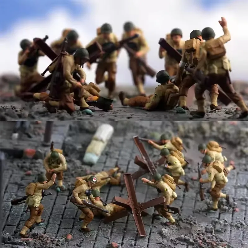 Modell im Maßstab 1:72 Die Normandie Landungen der Vereinigten Staaten 10 Stück Soldaten mit 2 Hindernissen Actionfigur DIY Szenenzubehör