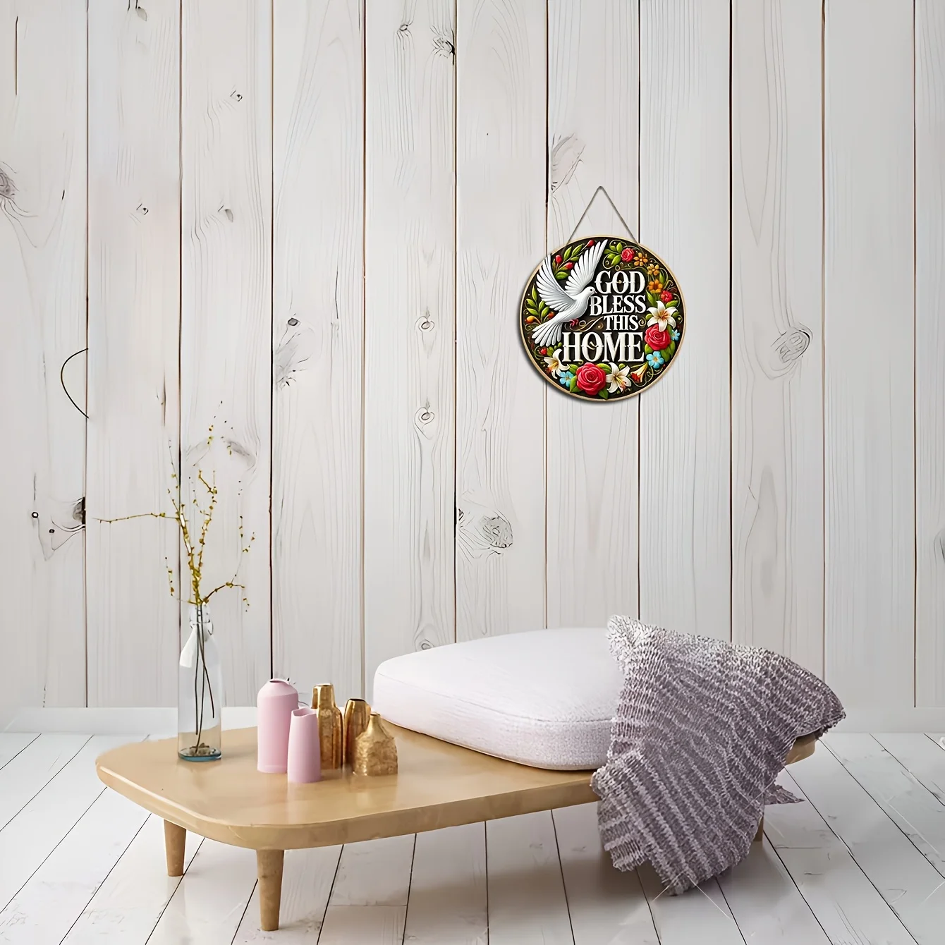A Wooden Hanging Ornament Featuring a Peace Dove, May God Bless This Family, a Wooden Art Home Decor Wall Hanging.