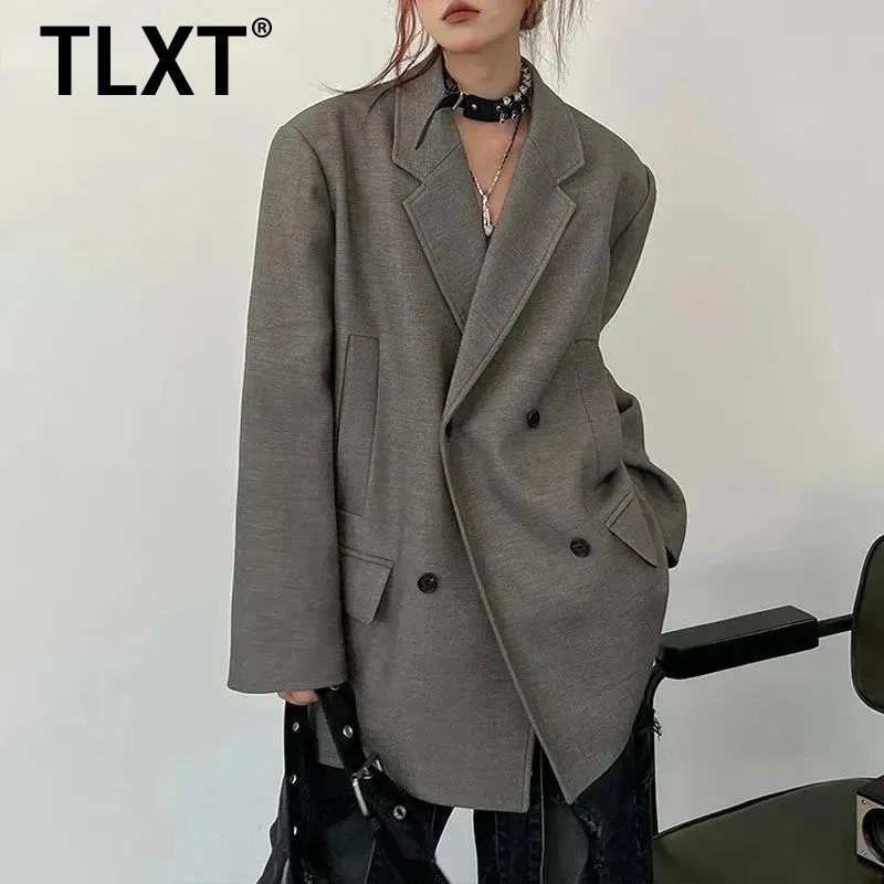 

TLXT однотонные минималистичные пиджаки для женщин, двубортные офисные женские свободные куртки, женские пальто, модные осенние новинки 2024, XK1397