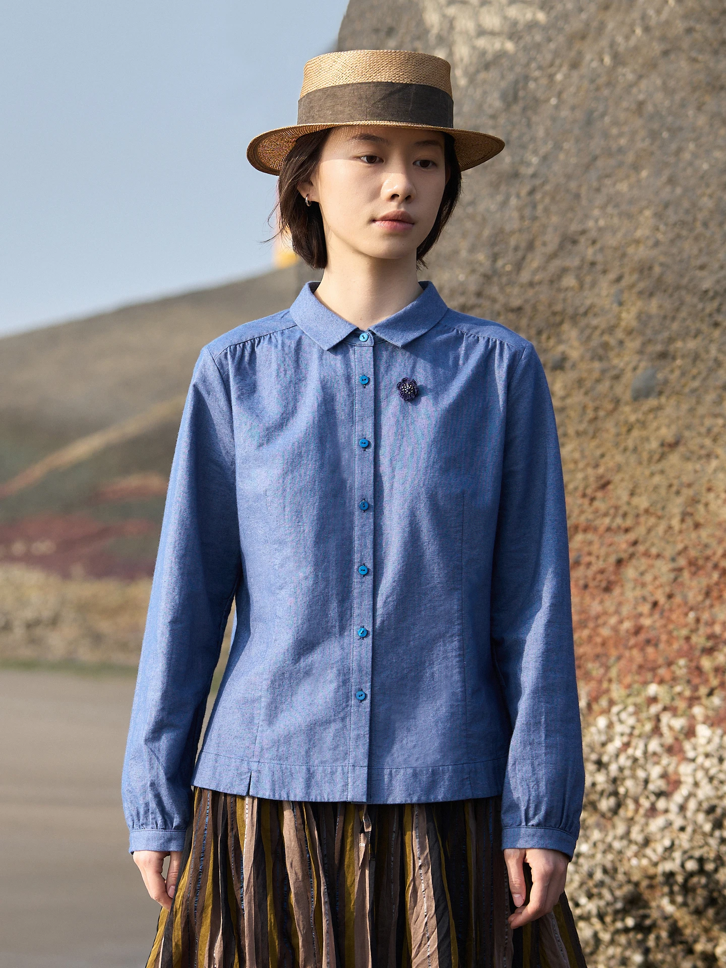 

ZBWY Spring Summer New Cotton Silk Waist Cinched Pin Flower Denim Blue Women's Casual Fit irt Breathable Long Sve ort ...