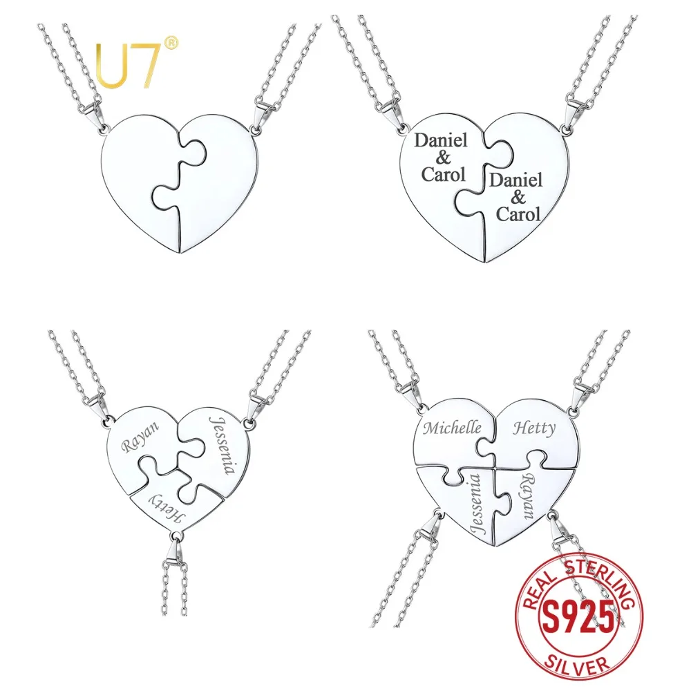 U7 925 Silver Heart Puzzle Necklaces 2/3/4pcs Set for Women Man Engraved Pendant Custom BFF Lovers Couple Family Jewelry