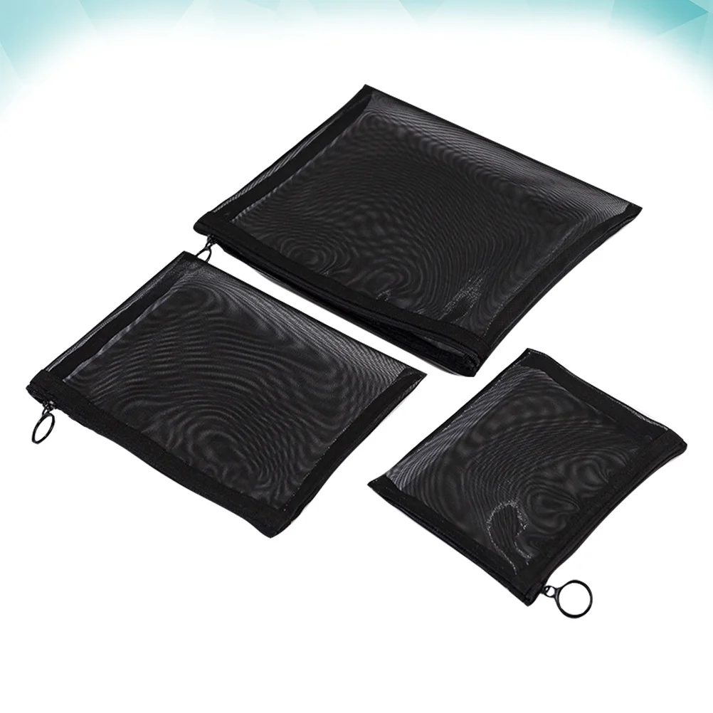 

3 pcs Mesh Makeup Bags Black Organizer Travel Toiletries Pouch Pencil File Bag For Cosmetics Brushes Cables Passport
