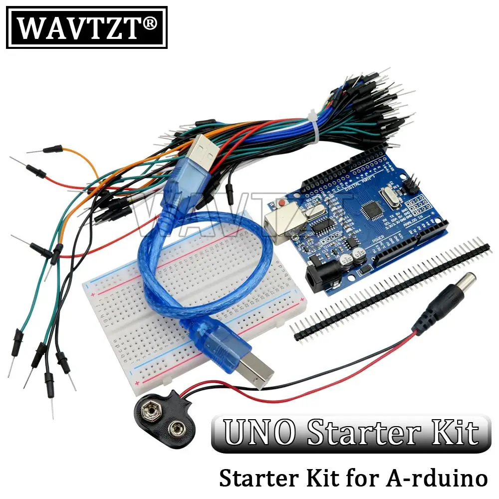 WAVTZT Starter Kit for Arduino Uno R3 - Bundle of 5 Items: Uno R3, Breadboard, Jumper Wires, USB Cable and 9V Battery Connector