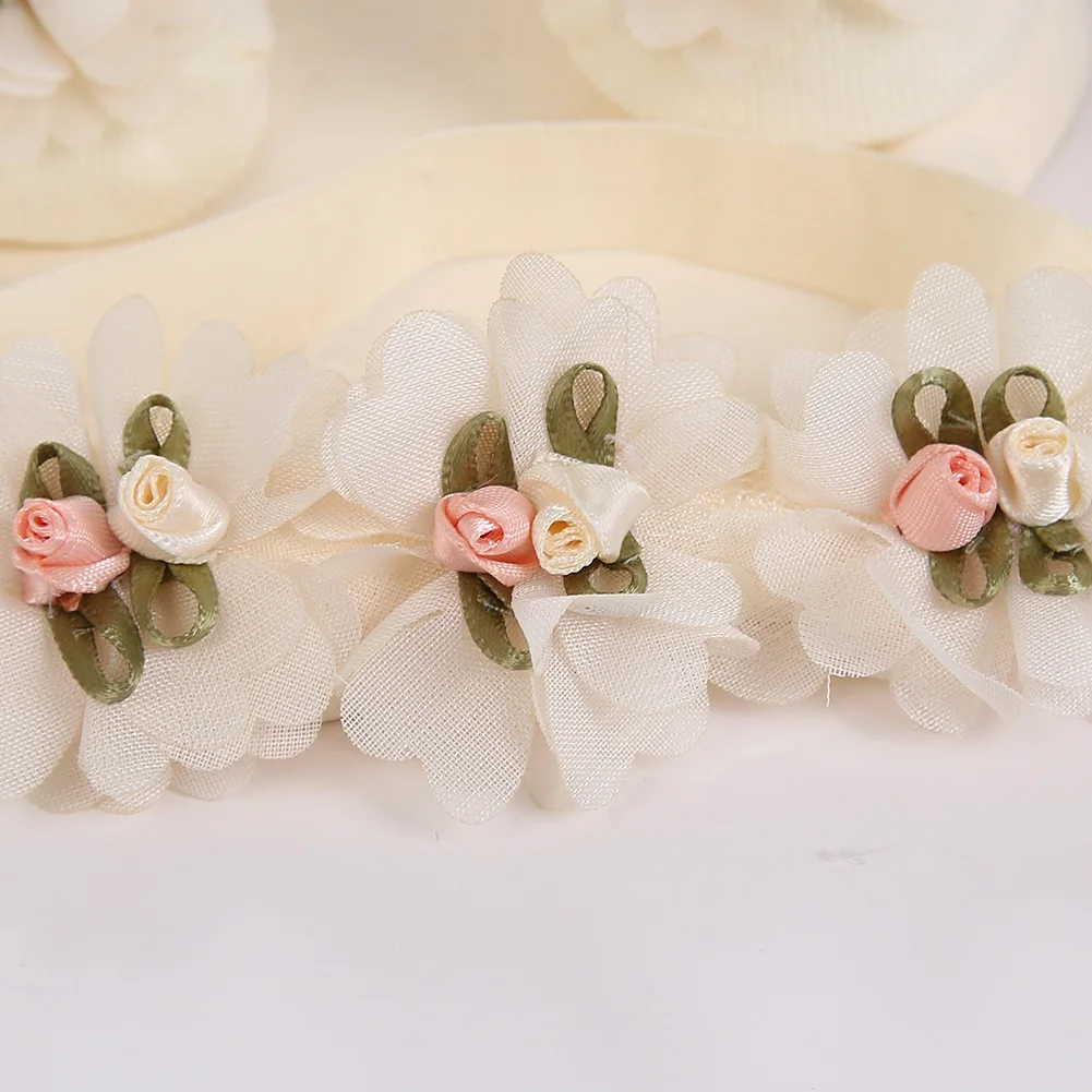 3Pcs/Set Ins Cream Chiffon Flower Headbands with Cotton Socks for Baby Girls Boutique Flower Anti-Slip Short Cotton 0-12M Sock