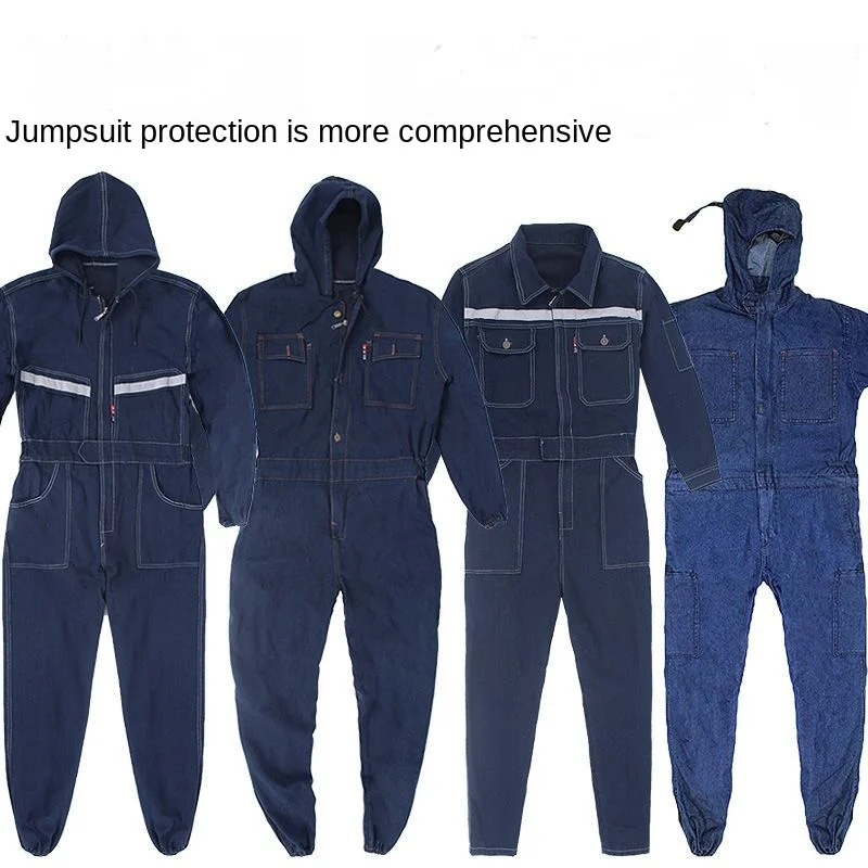 Denim Jumpsuit Work Suit Spray Painting Welder Protective Auto Repair Cargo Breeding Breathable Hooded Reflective Jumpsuit