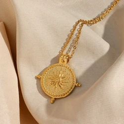 2026 New Frosted Surface Acient Sun Compass Pendant Necklace For Woman Ladies New Stee PVD Plated Coin Necklace Gold Jewelry