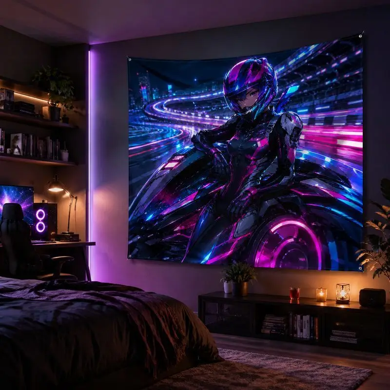 VIKAMA Motorcycle Anime Girl Blacklight Tapestry, Neon Wall Hanging, Cyber Aesthetic Blanket for Gaming Bedroom Dorm Decor