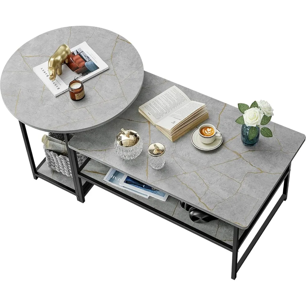 Coffee Table, Modern Style Coffee Tables Living Room Marble Center Table with Storage 2 in 1Detachable Table Set,Grey Marble