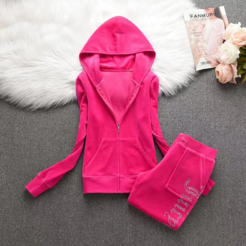 2024 Juicy Velvet Tracksuit Set for Women Velure Rhinestone 2 Piece Tracksuit Casual Elegant Ladies Suit Diamonds Set