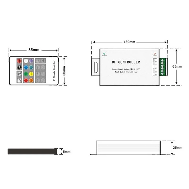 LED Controller 12-24V Low Pressure RF Colorful 20-Key Remote Control RGB Light Bar Dimming Controller